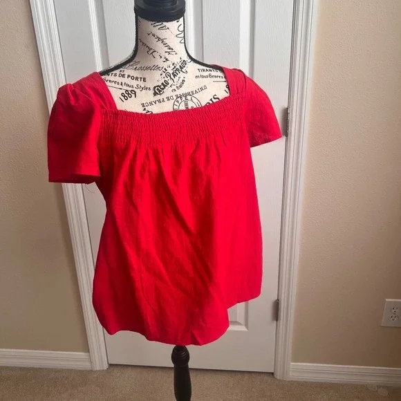 New Umgee USA Red Short Sleeve Smocked Square Neckline Blouse Top Cotton - Picture 8 of 9
